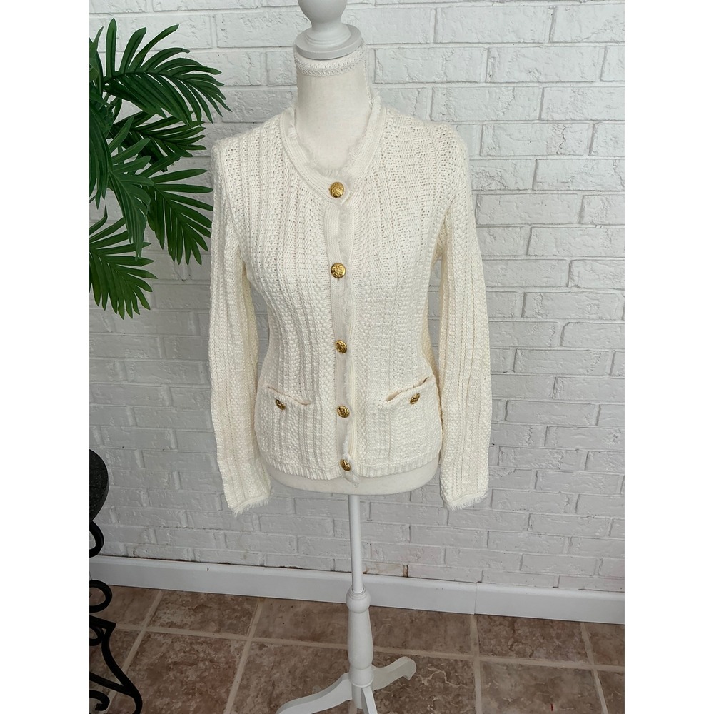 Tahari Cardigan Sweater Women Size M Cream Excellent Gold Button Fringe Knit